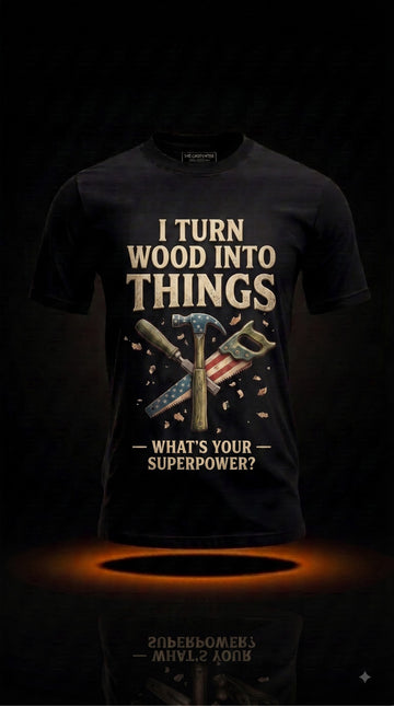 I Turn Wood Into Things What's Your Superpower? T-Shirt | Funny Carpenter Gift