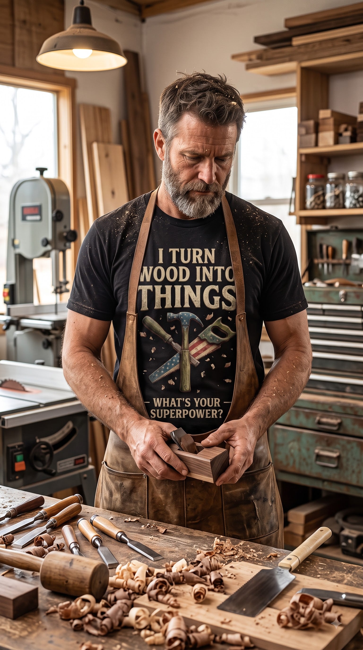 I Turn Wood Into Things What's Your Superpower? T-Shirt | Funny Carpenter Gift