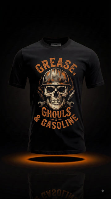 Grease, Ghouls & Gasoline T-Shirt | Funny Halloween Mechanic Gift