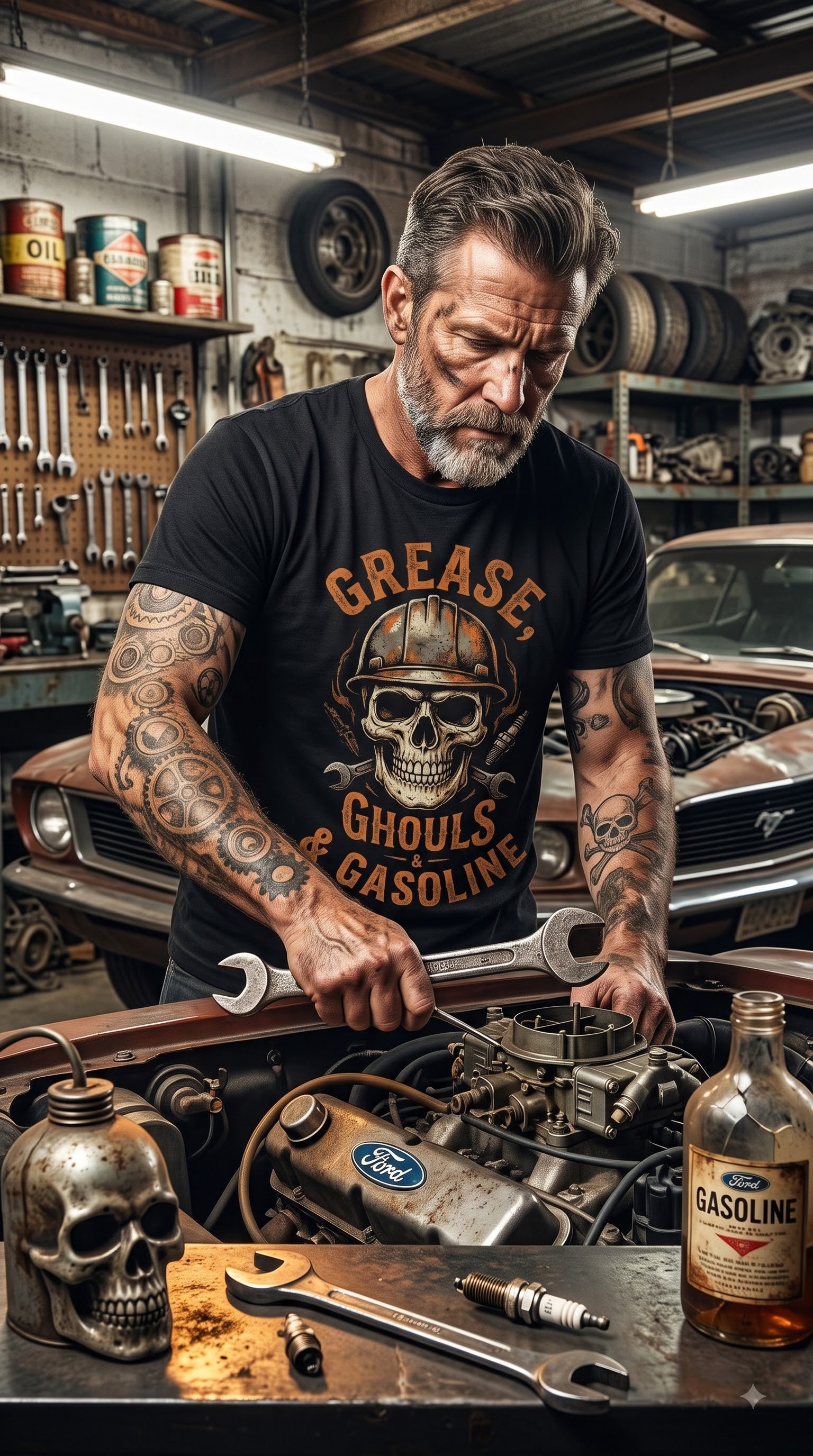 Grease, Ghouls & Gasoline T-Shirt | Funny Halloween Mechanic Gift