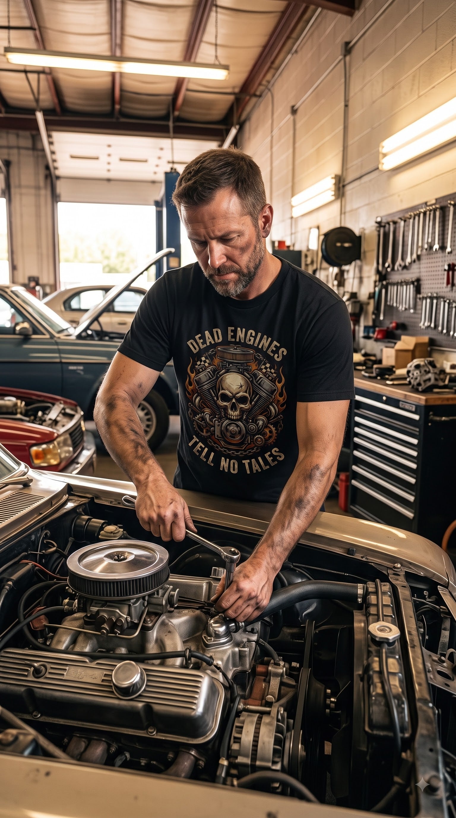 Dead Engines Tell No Tales T-Shirt | Halloween Mechanic Gift