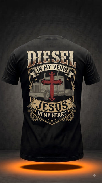 Diesel In My Veins, Jesus In My Heart T-Shirt | Christian Trucker Shirt